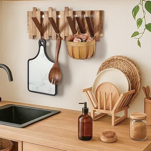 Wall Coat Rack for Entryway: Folding Wood Rustic 8 Hooks