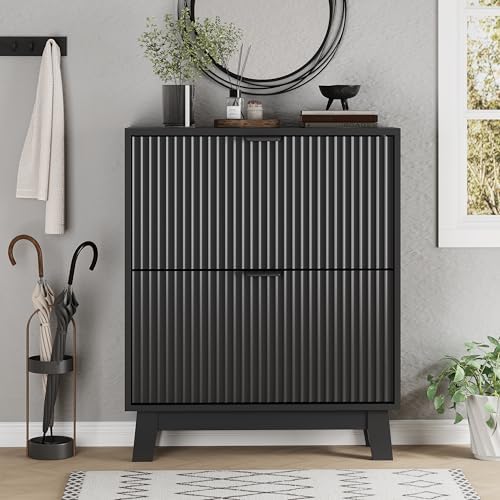 Xixini Shoe Cabinet with 2 Flip Drawers, 37" Tall Narrow Fluted Shoe Sto...