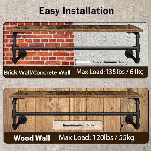 Clothes Rack Wall Mounted, 43.3in Shelf with Hanging Rod, Industrial Pipe Clo...