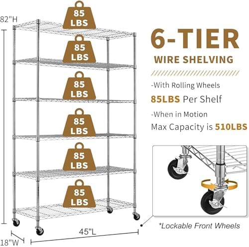 Wire Shelving Unit with Wheels, 6 Tier Adjustable Storage Shelves