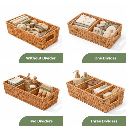 2PCS Rattan Pantry Organizer Baskets with Removable Dividers