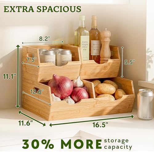 HOMESTEAD Extra Large Bamboo Pantry Storage Bins – 30% Larger, Stackable Pota...