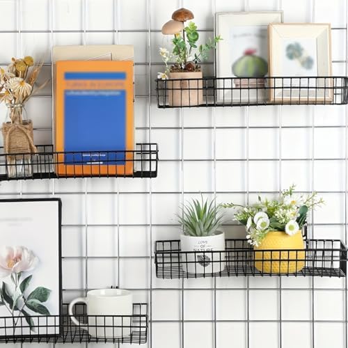 4 Pack Metal Grid Wall Baskets with Hooks, 15.75 x 6 x 2.36 Inch