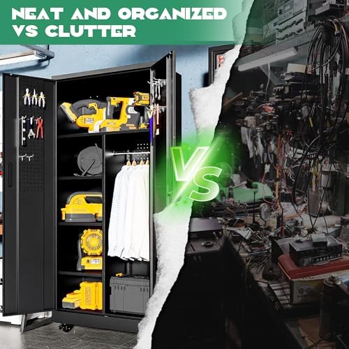71" Tall Broom Closet Storage Cabinet with Lock,Heavy Duty Garage Storag...