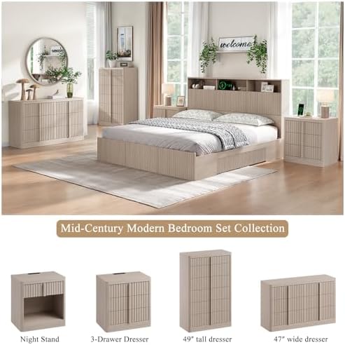 YANSNWO 48.6" Tall Fluted 6 Drawer Dresser for Bedroom, White Alder