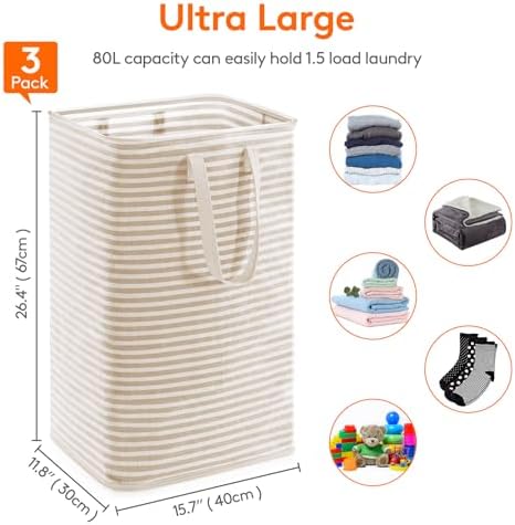 Lifewit 80L Large Laundry Baskets, Laundry Hampers Bags, 3 Pack, Beige