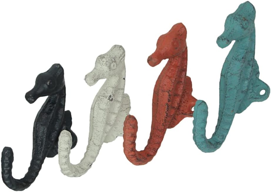 Zeckos Set of 4 Coastal Seahorse Decorative Wall Hooks, 5 Inch Coral Orange