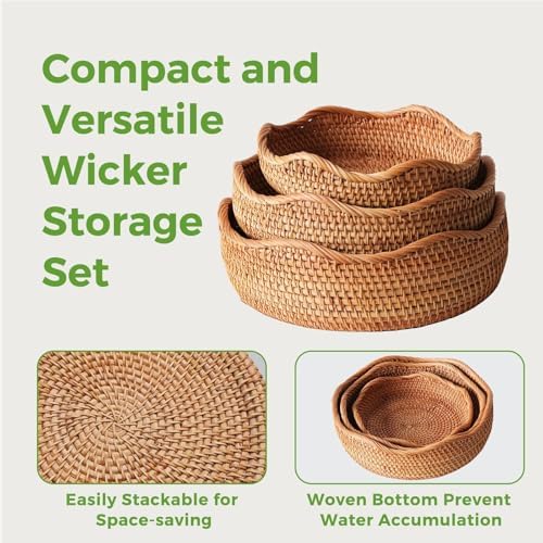 Round Rattan Bread Baskets for Serving, Wicker Fruit Baskets Storage Bowls