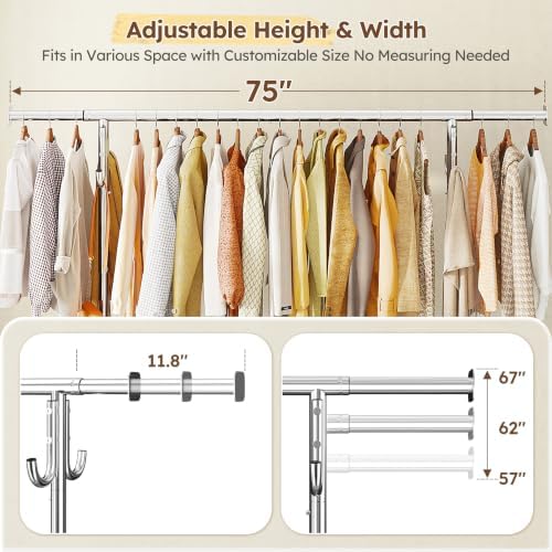 Raybee 75" Wide Clothes Rack with 4 Extra Hooks Heavy Duty Clothes Rack