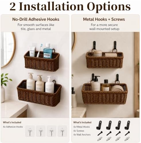 Wall Hanging Baskets, 2 Pack Woven Wicker Baskets with Hooks, Brown