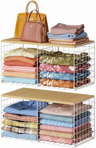 2 Pack Stackable Closet Organizers and Storage, 4 Cube Closet Shelves with Wo...