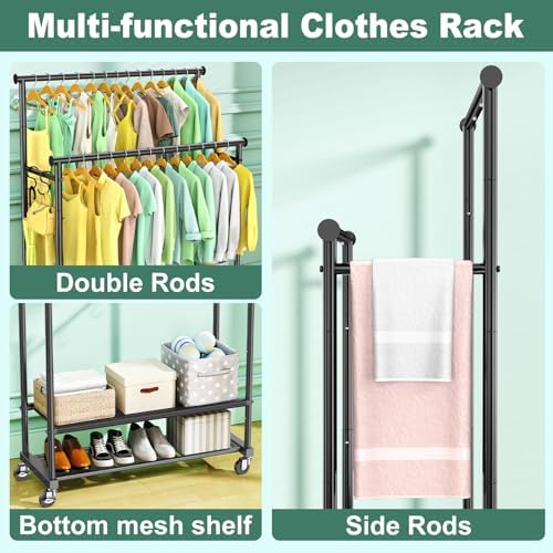 Double Rods Clothes Rack for Hanging Clothes, Heavy Duty Rolling Clothing Rac...
