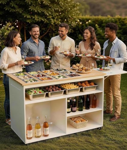 Charcuterie Cart with 12 Stainless Steel Food Pans,Rolling Kitchen Island/De...
