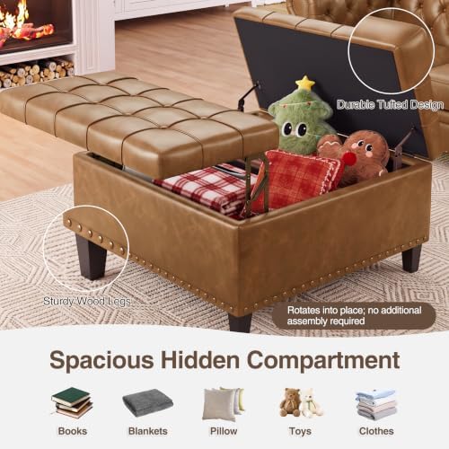 FiveWillowise 31.5 Inch Large Square Ottoman with Storage,Faux Leather