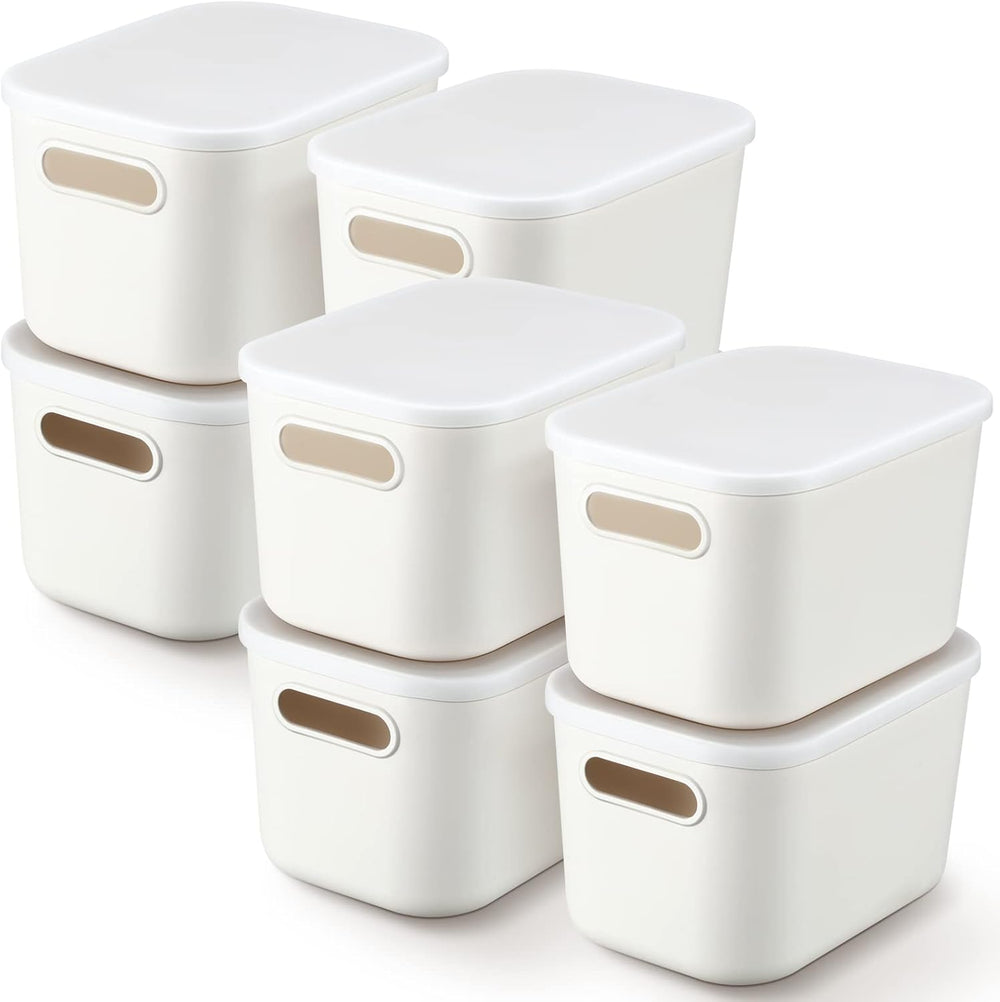 Tuanse 8Pcs White Plastic Storage Bins with Lid, White, 7.3 x 10.2 x 6.5 In