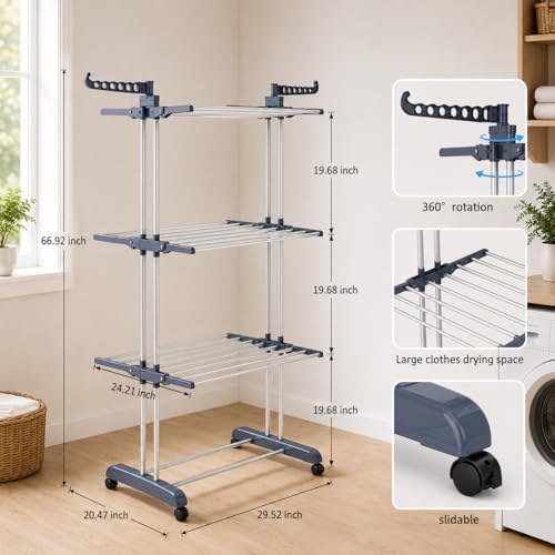 Clothes Drying Rack, 4-Tier Foldable Drying Rack Clothing with 4 Castors, 24 ...
