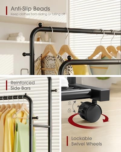Sakugi Double Rod Clothes Rack Mesh Shelf & Hooks, 28.7x16.5x59.1, Black