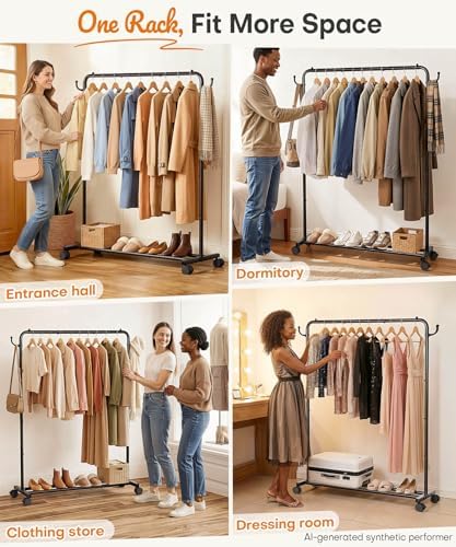 Homde Portable Clothes Rack for Bedroom: 4 Lockable Wheel Move Room-to-Room