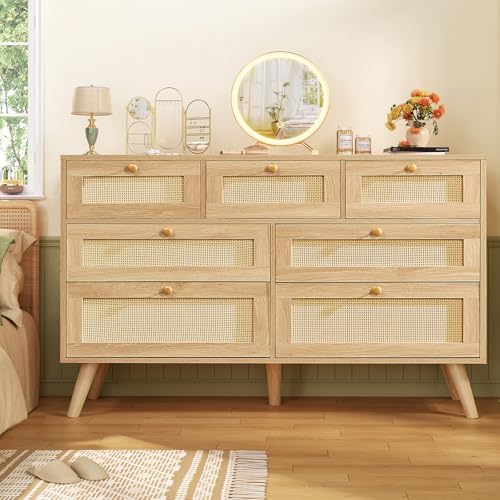 TEENFON Dresser for Bedroom, 47.2''Wide 7 Drawer Rattan Dresser, Wood...