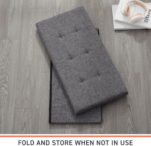 Ornavo Home 30 Inch Folding Storage Ottoman Bench, Tufted Linen, Dark Gray