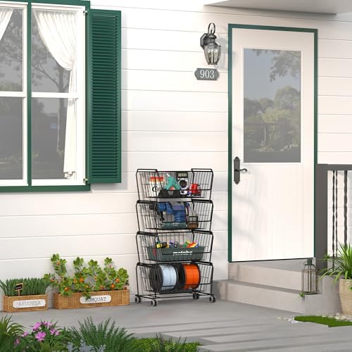 PUSDON 4-Tier Spacious Stackable Wire Storage Baskets with Wheels, Metal Roll...