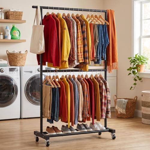 Sywhitta Double Rod Metal Clothing Garment Rack on Wheels, Black