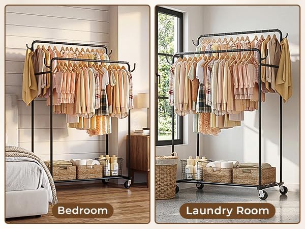 Clothes Rack, Rolling Clothing Rack with Double Rods for Hanging Clothes, Por...