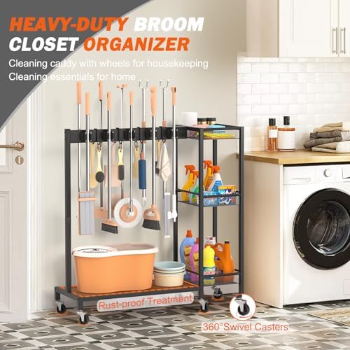 Broom Holder with Cleaning Supplies Organizer, Broom Closet Storage Cabinet w...