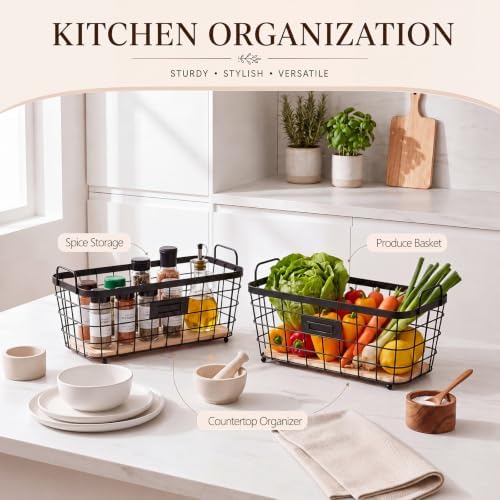 4 Pcs Black Metal Wire Storage Baskets with Wood Bottoms,Large