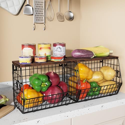 Mefirt Fruit Bowl, Stackable Wall Mounted Fruit Basket of Smooth Wood Lid wit...
