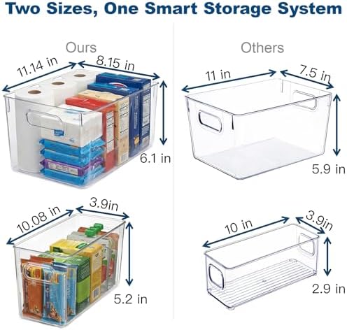 MOONEDGE 8 Pack Clear Plastic Storage Organizer Bins, 4 Large & 4 Narrow