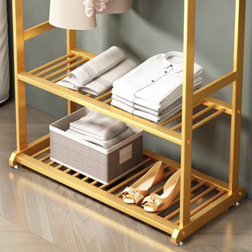 Gold Clothing Rack,Metal Garment Rack with Bottom Storage Shelves and 6 Side ...