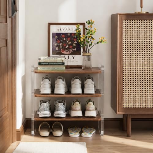3-Tier Shoe Rack, Wood Acrylic Shoe Shelf, Walnut, 19.5" W