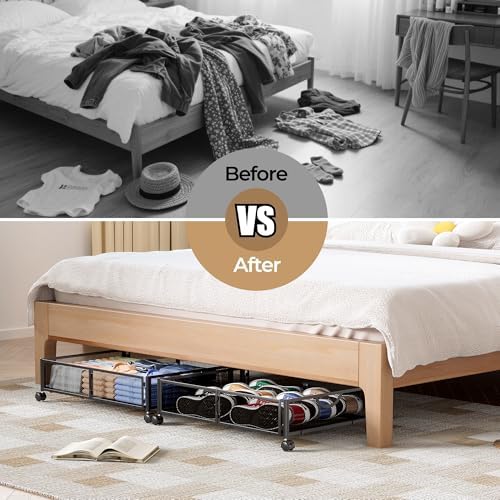 Yecaye Under Bed Storage with Wheels, 2 Pack Under Bed Shoe Storage, Black