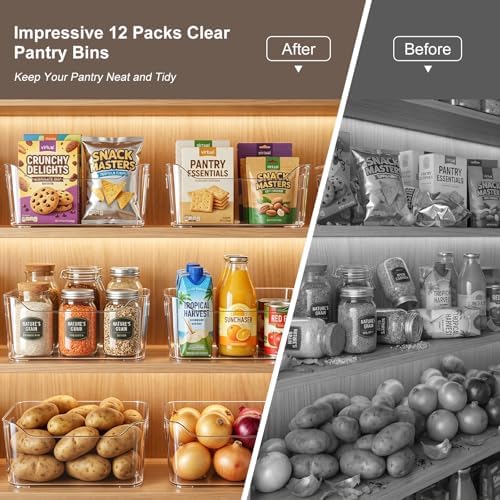 Hudgan 12 Pack Pantry Storage Bins for Kitchen Cabinet, Clear Plastic Organiz...