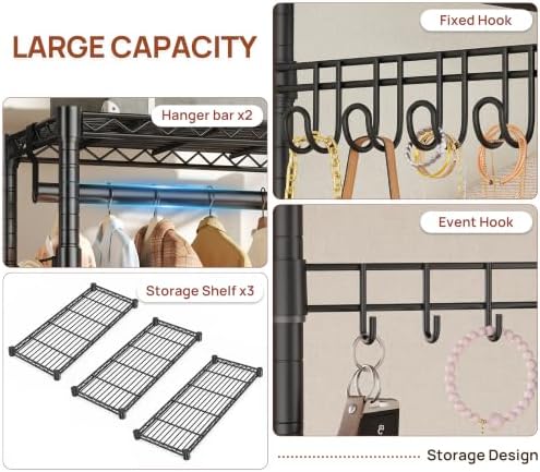 Heavy Duty Rolling Clothes Rack with Wheels, Double Rods Adjustable Shelves