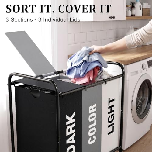 YKDIRECT 180L Laundry Hamper with Wheels and Lid, 3 Section Laundry Sorter