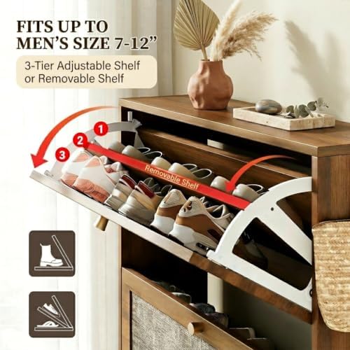 Rattan Shoe Cabinet with 2 Flip Drawers, Arched Accent Shoe Storage for Entry...