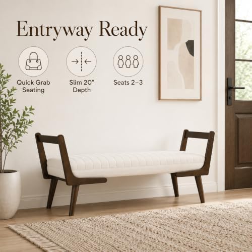 52" Upholstered Bench, Beige Chenille, Walnut Legs