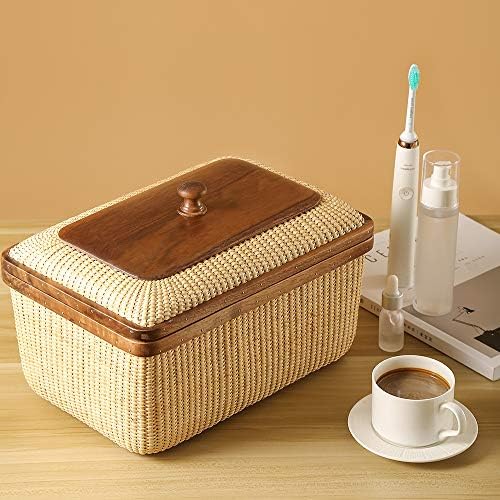 Cane-on-cane weave Storage Basket Box with Lid Multifunctional Storage Organi...