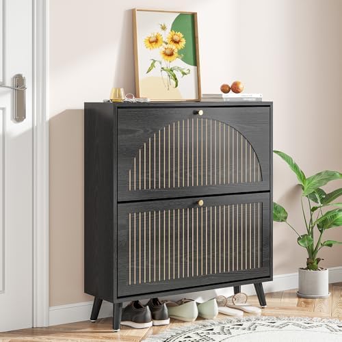 Fsbecl Shoe Storage Cabinet for Entryway with 2 Fluted Flip Drawers,Black
