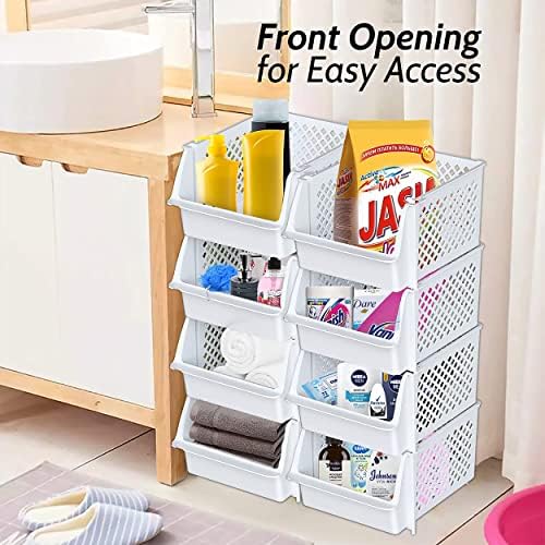 Skywin Stackable Storage Bins Open Front for Pantry Storage, 4 Pack - White