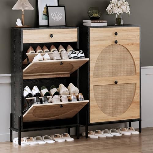 IRONCK Narrow Shoe Cabinet with 2 Flip Drawers and Rattan Doors, Black
