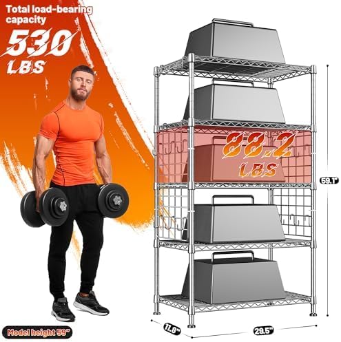 DurayLoly 5 Tier Storage Shelves, 2 Side Panels & 13 Hooks, for Kitchen