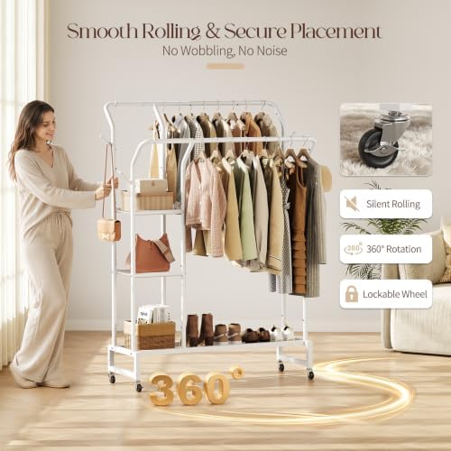Yoobure Double Rods Clothes Rack - Portable Clothing Rack with Wheels, Rollin...