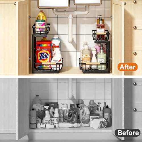 REALINN Under Sink Organizer, 2 Pack Height Adjustable Under Sink Organizers ...