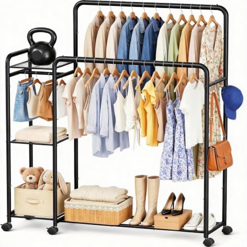 Heavy Duty Clothes Rack with Wheels, Double Rod Clothing Rack with Storage Shelves & Hooks, Rolling Garment Rack Portable Closet Organizer for Bedroom, Laundry Room, Apartment