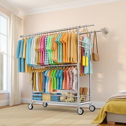Heavy Duty Clothes Rack Load 960LBS, Three Rods Rolling Clothing Racks for Ha...