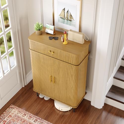 DreamDashio 5-Tier Shoe Cabinet with Sliding Tambour Door, Set of 2, Natura