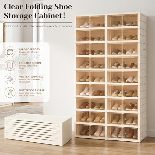 Collapsible Shoe Rack Organizer, Clear Doors Plastic Shoe Storage Cabinet
